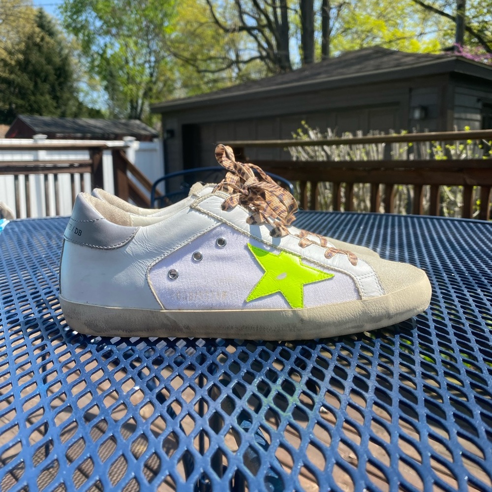 Golden Goose Superstar Distressed Neon Trimmed Leather Suede and Canvas Sneakers
